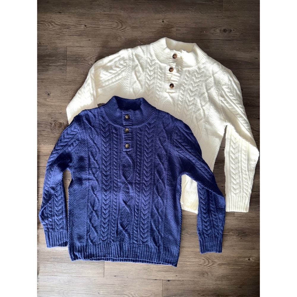 2 Pack Mens Cable Knit Sweater XL Navy Blue White Mock Neck Button Henley QT1601